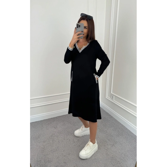 Kadın Uzun Kollu V Yakalı şerit Detaylı Cepli Midi Viskon Iki Iplik Elbise