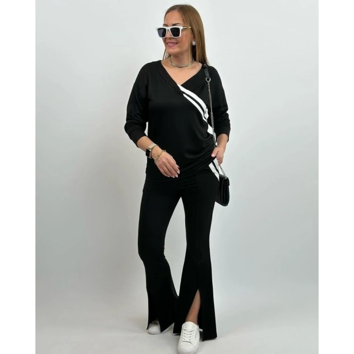 Kadın Uzun Kollu V Yakalı şerit Detaylı Viskon Iki Iplik Bluz Ve Pantolon Ikili Takım