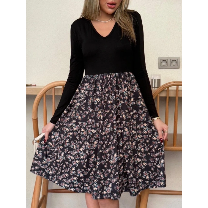 Kadın Uzun Kollu V Yakalı üst Viskon Alt çiçek Desenli Süprem Kısa Elbise