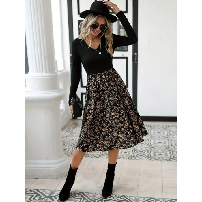 Kadın Uzun Kollu V Yakalı üst Viskon Alt çiçek Desenli Süprem Kısa Elbise