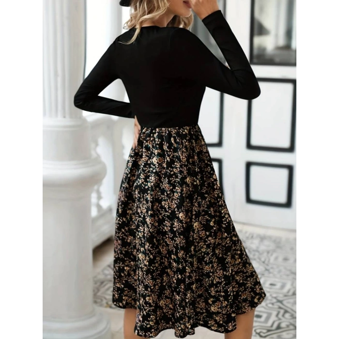 Kadın Uzun Kollu V Yakalı üst Viskon Alt çiçek Desenli Süprem Kısa Elbise