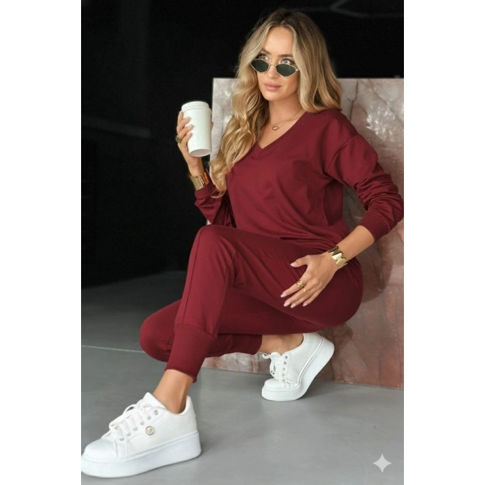 Kadın Uzun Kollu V Yakalı Viskon Iki Iplik Bluz Ve Pantolon Ikili Takım