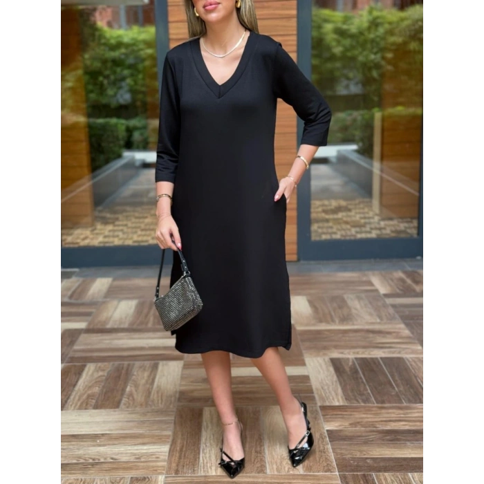 Kadın Uzun Kollu V Yakalı Yanlardan Yırtmaçlı Viskon Iki Iplik Midi Elbise