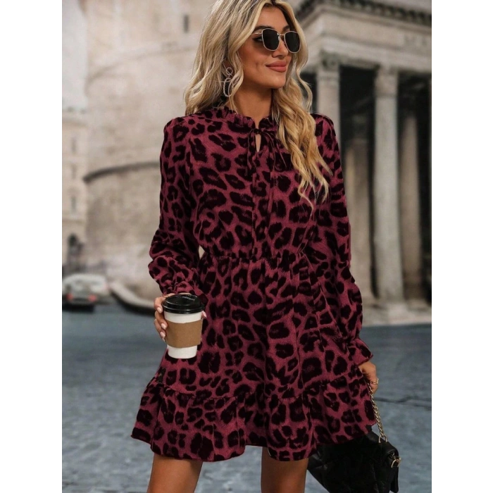 Kadın Uzun Kollu Yakadan Bağcıklı Modal Leopar Desenli Mini Elbise