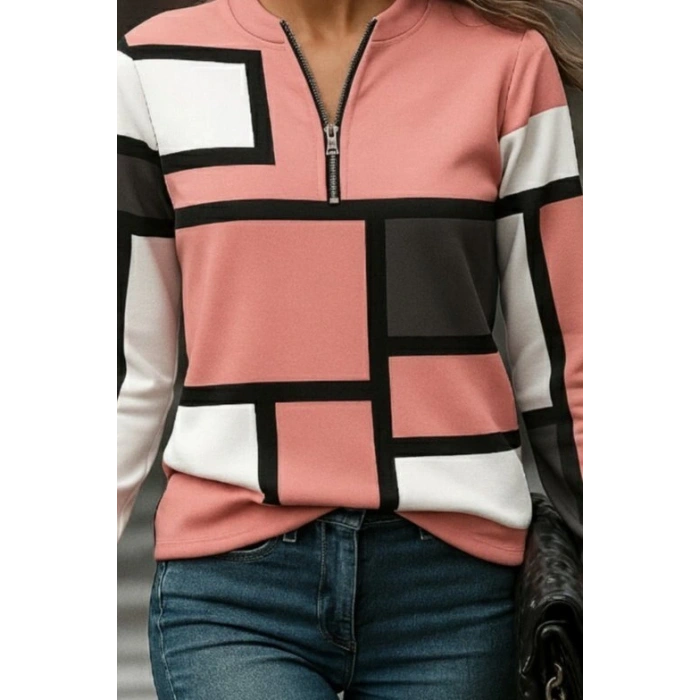 Kadın Uzun Kollu Yakadan Fermuarlı Desenli şardonlu Dalgıç Bluz