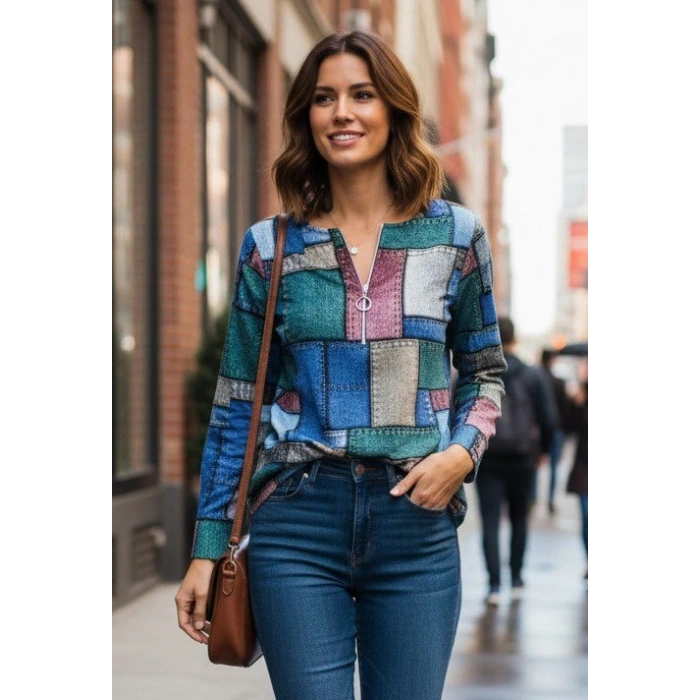 Kadın Uzun Kollu Yakadan Fermuarlı Kot Görünüm Desenli Uzun Modal Bluz