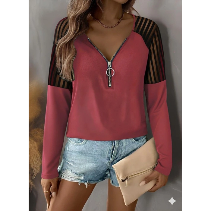 Kadın Uzun Kollu Yakadan Fermuarlı Viskon Bluz