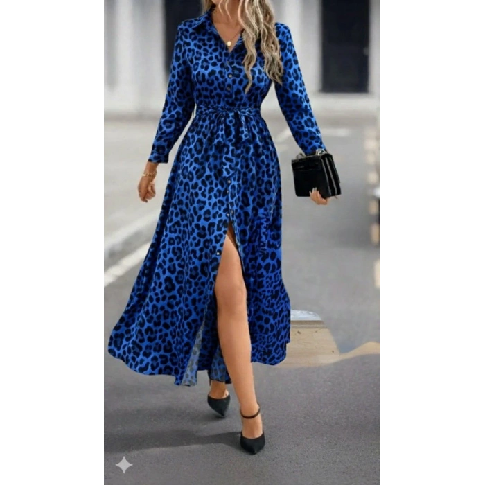 Kadın Uzun Kollu Yakalı Belden Kuşaklı Leopar Desenli Modal Uzun Elbise