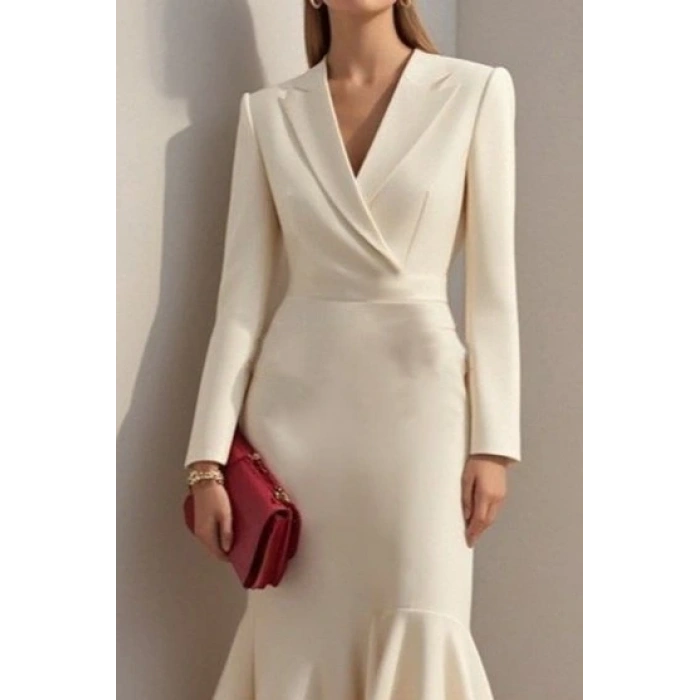 Kadın Uzun Kollu Yakalı Belden Oturtmalı Midi Ithal Krep Elbise