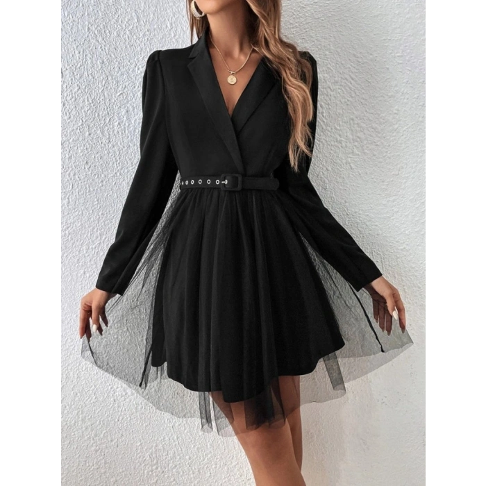 Kadın Uzun Kollu Yakalı Belinde Kemer Detaylı Mini Tüllü Ithal Krep Elbise