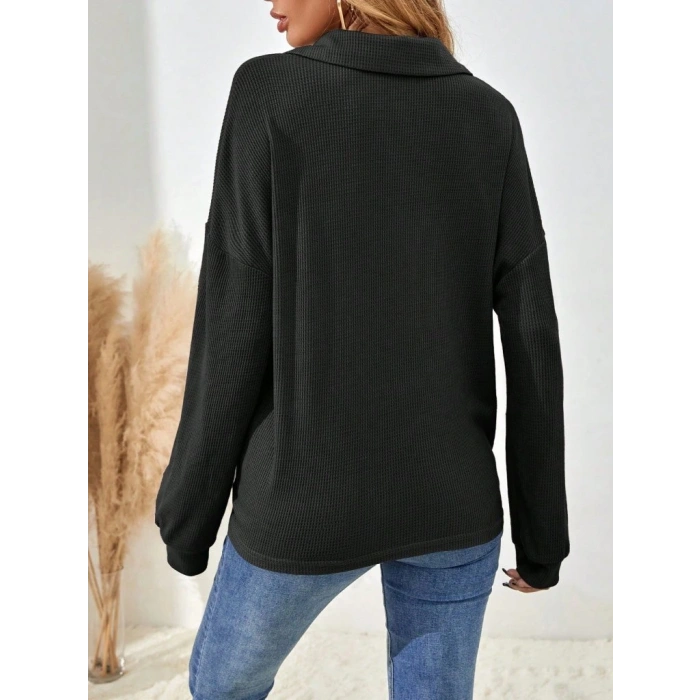 Kadın Uzun Kollu Yakalı Düğmeli Salaş Waffle Bluz