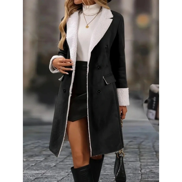 Kadın Uzun Kollu Yakalı Düğmeli Süet Mini Manto