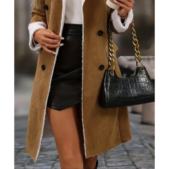 Kadın Uzun Kollu Yakalı Düğmeli Süet Mini Manto