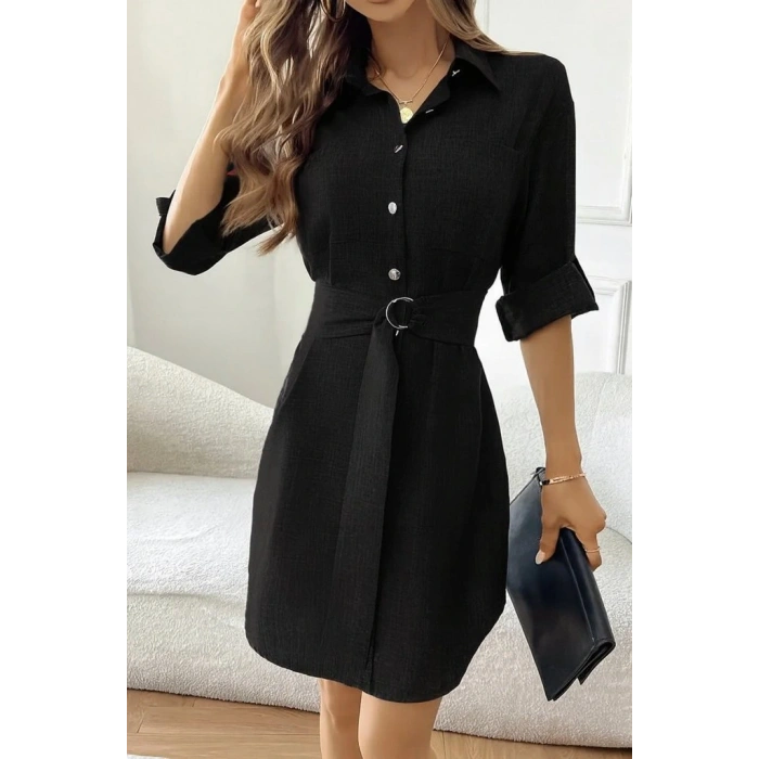 Kadın Uzun Kollu Yakalı önden Düğmeli Beli Kuşaklı Mini Ithal Keten Elbise