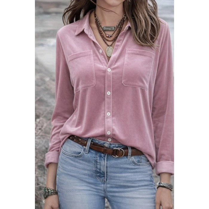 Kadın Uzun Kollu Yakalı önden Düğmeli Cep Detaylı Kadife Gömlek