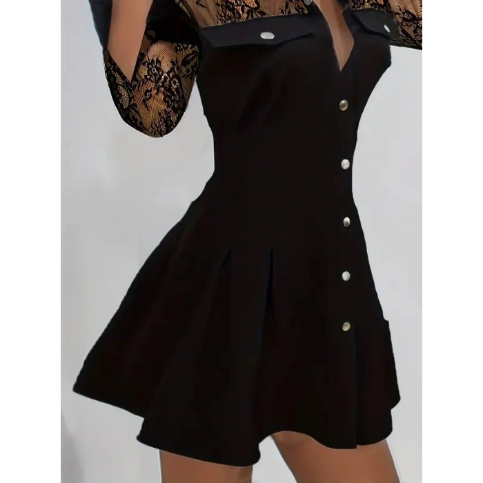 Kadın Uzun Kollu Yakalı önden Düğmeli Cep Detaylı Mini Modal Elbise