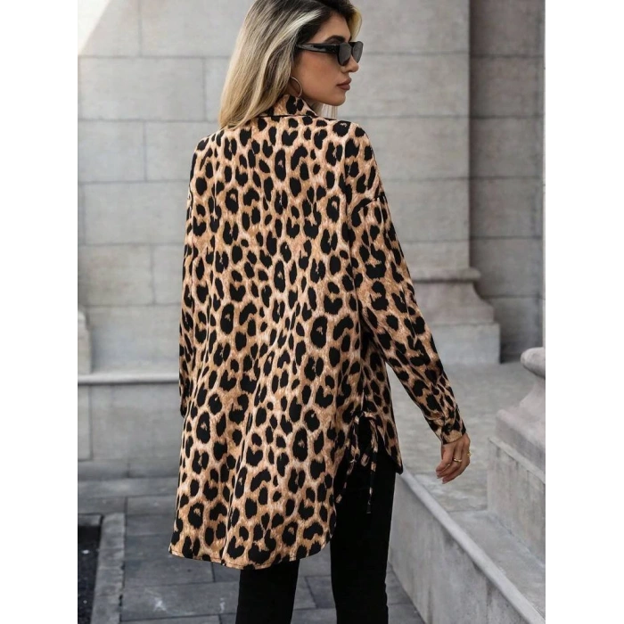 Kadın Uzun Kollu Yakalı önden Düğmeli Yandan Bağcıklı Leopar Desenli Modal Bluz