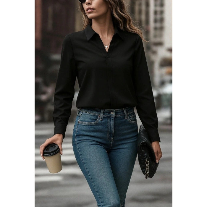 Kadın Uzun Kollu Yakalı Trikoton Gömlek