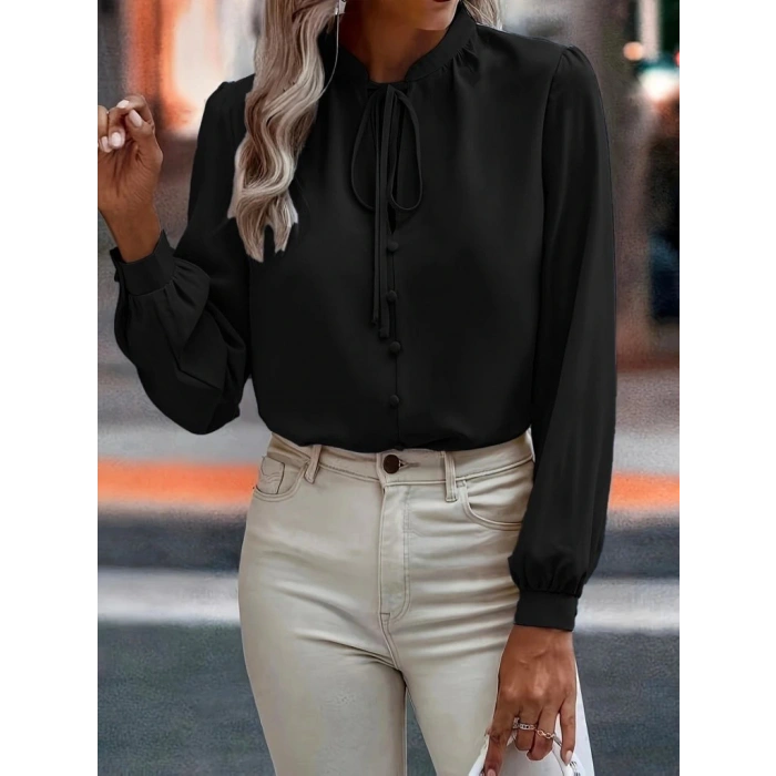 Kadın Uzun Kollu Yakalı Yakadan Bağcıklı Düğmeli Sandy Bluz