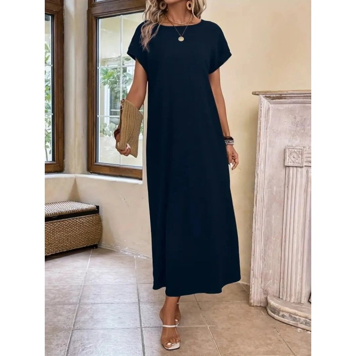 Kadın Uzun Kollu Yakası Açık Viskon Elbise