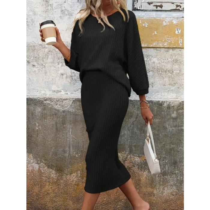 Kadın Uzun Kollu Yakası Açık Yarasa Kollu şardonlu Kaşkorse Bluz Ve Etek Takım