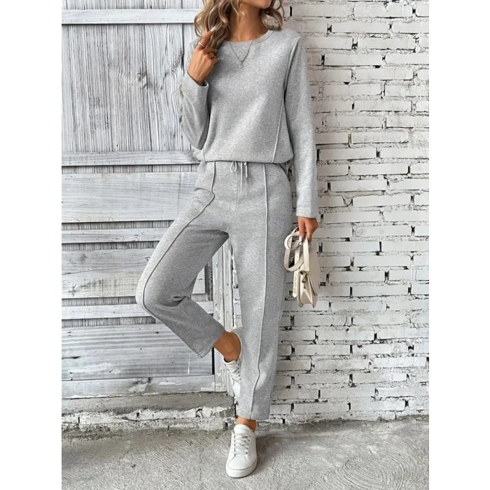 Kadın Uzun Kollu Yanları Nervurlu Viskon Iki Iplik Ve Pantolon Ikili Takım