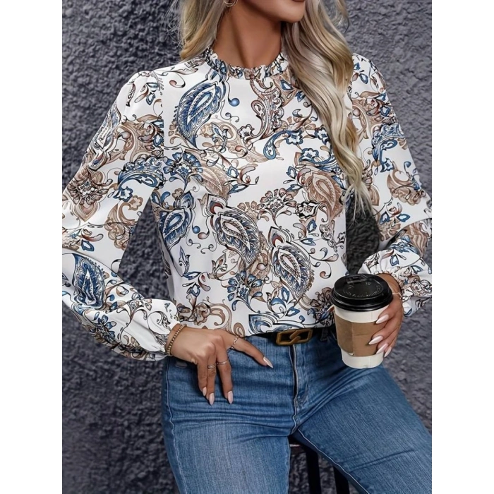 Kadın Uzun Kollu Yarı Balıkçı Yaka Desenli Süprem Bluz