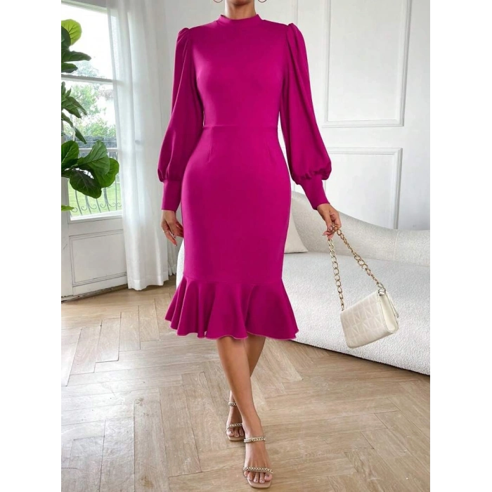 Kadın Uzun Kollu Yarı Balıkçı Yaka Etek Ucu Fırfır Detaylı Midi Ithal Krep Elbise