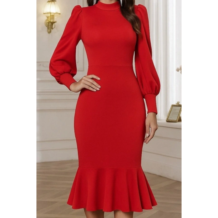 Kadın Uzun Kollu Yarı Balıkçı Yaka Etek Ucu Fırfır Detaylı Midi Ithal Krep Elbise