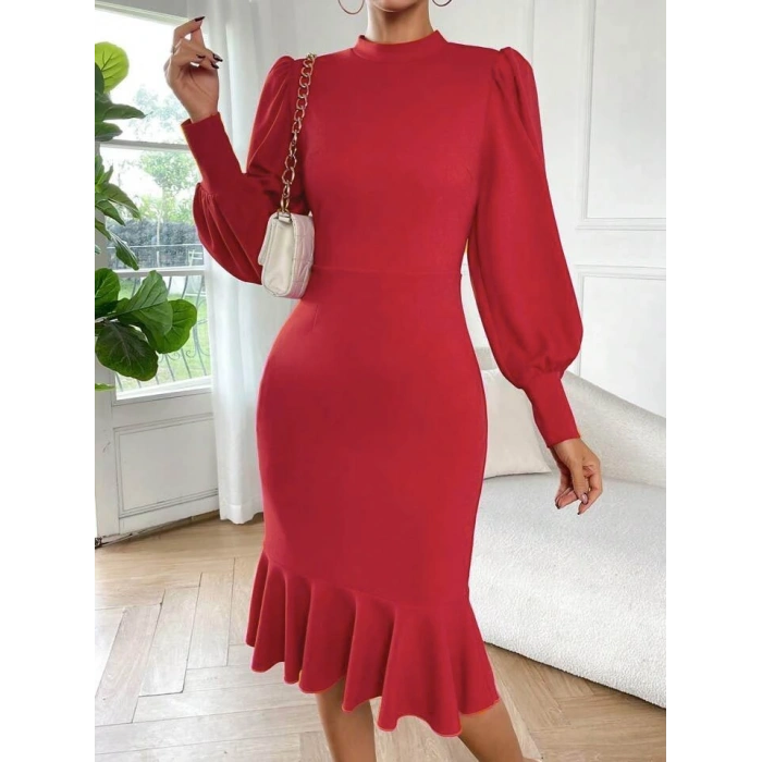 Kadın Uzun Kollu Yarı Balıkçı Yaka Etek Ucu Fırfır Detaylı Midi Ithal Krep Elbise