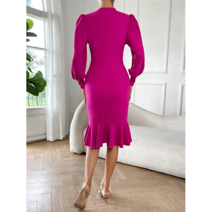Kadın Uzun Kollu Yarı Balıkçı Yaka Etek Ucu Fırfır Detaylı Midi Ithal Krep Elbise