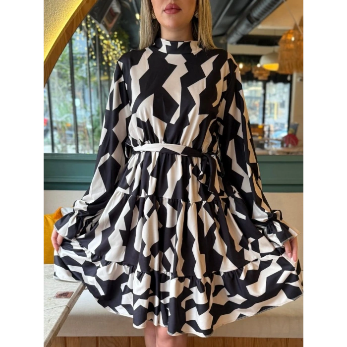 Kadın Uzun Kollu Yarı Balıkçı Yaka Geometrik Desen Kısa şardonlu Dalgıç Elbise