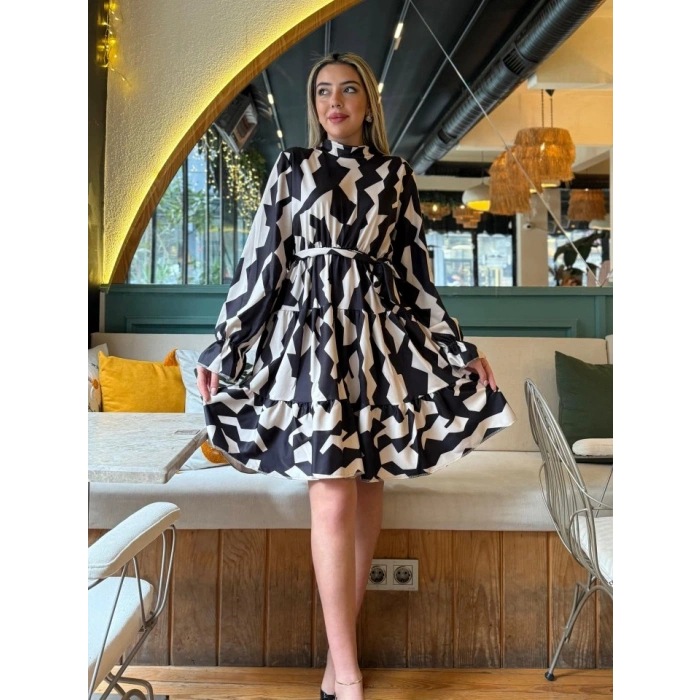 Kadın Uzun Kollu Yarı Balıkçı Yaka Geometrik Desen Kısa şardonlu Dalgıç Elbise