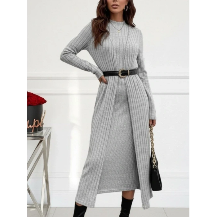 Kadın Uzun Kollu Yarı Balıkçı Yaka şardonlu Kaşkorse Elbise Ve Uzun Hırka Ikili Takım