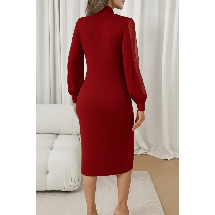 Kadın Uzun Kollu Yarı Balıkçı Yaka Tül Ve Inci Detaylı Kısa Ithal Krep Midi Elbise