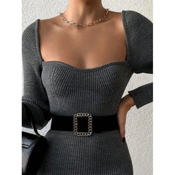 Kadın Uzun Kollu Yırtmaç Detay Triko Elbise