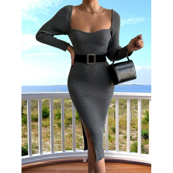 Kadın Uzun Kollu Yırtmaç Detay Triko Elbise