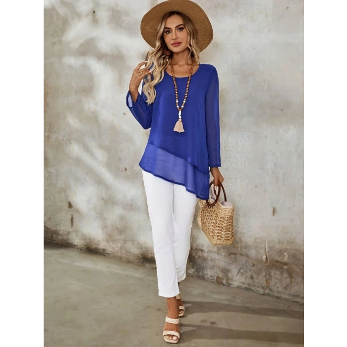 Kadın Uzun Kollu Yuvarlak Asimetrik Detaylı şifon Bluz