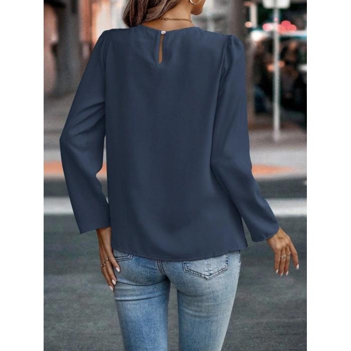 Kadın Uzun Kollu Yuvarlak önden Pileli Ithal Krep Bluz