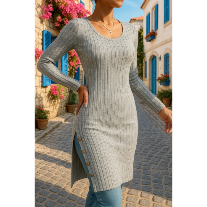 Kadın Uzun Kollu Yuvarlak Yaka Yandan Yırtmaçlı Düğmeli şardonlu Kaşkorse Bluz