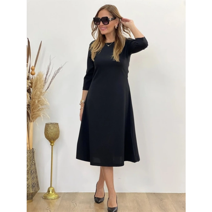 Kadın Uzun Truvakar Kol Bisiklet Yaka Midi Modal Elbise