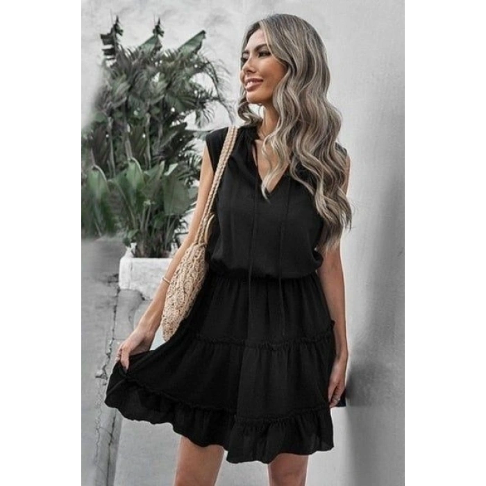 Kadın V Yaka Eteği Volanlı Ipek Ayrobin Kumaş Elbise