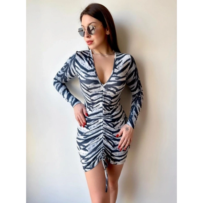 Kadın V Yaka önü Asansör Büzgü Detay Fırsat ürün Zebra Mini Elbise