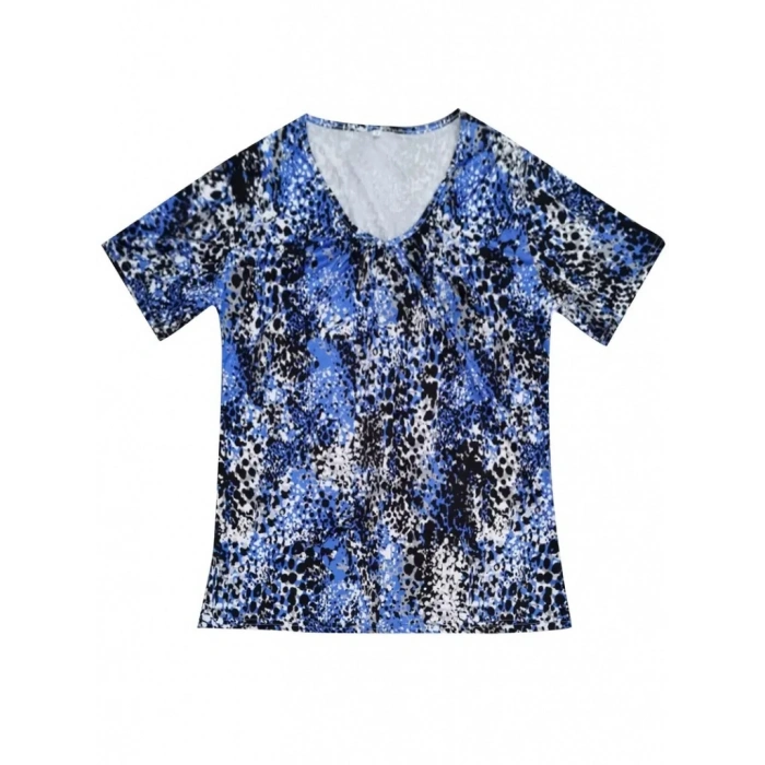 Kadın V Yaka Renkli Leopar Desen Büzgü Detay Süprem Bluz