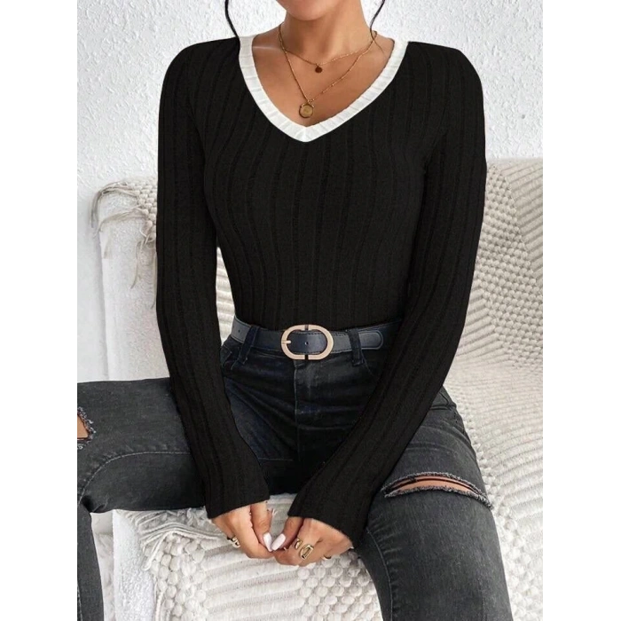 Kadın V Yaka Ribana Ve Garni Detay Sardonlu Kaşkorse Kumaş Bluz