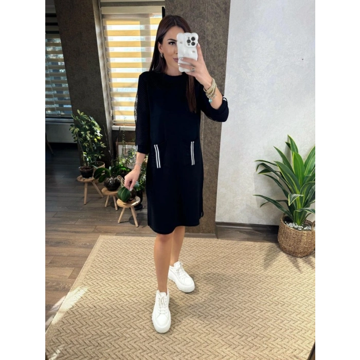 Kadın Viskon Pamuklu Kumaş Kol File , şerit Ve Cep Detaylı Elbise