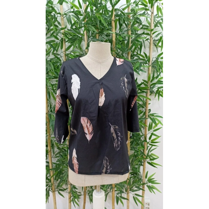 Kadın Yaprak Baskı Ayarlanabilir Truvakar Kol Süper Soft Bluz