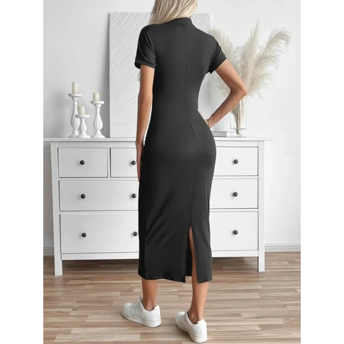 Kadın Yarı Balıkçı Yaka Yırtmaçlı Dalgıç Midi Elbise