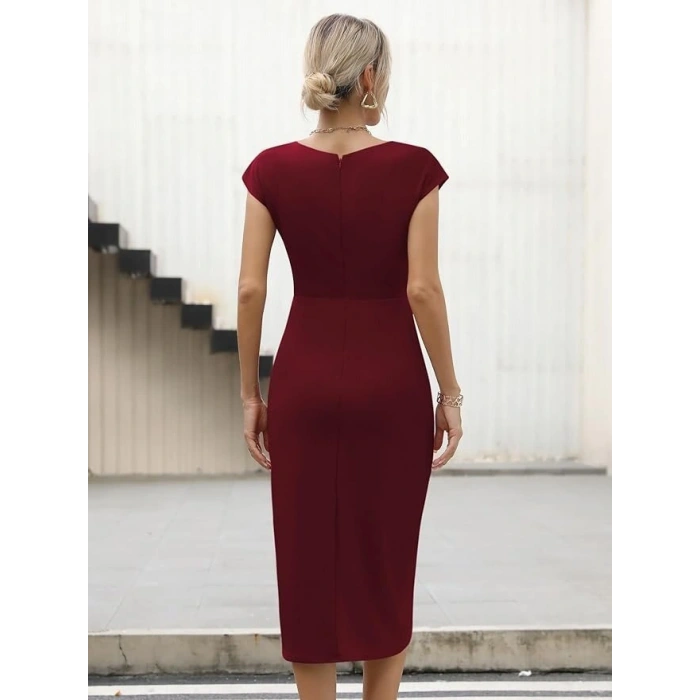 Kadın Yarım Ay Kollu Bisiklet Yaka Yandan Drapeli Ithal Krep Elbise