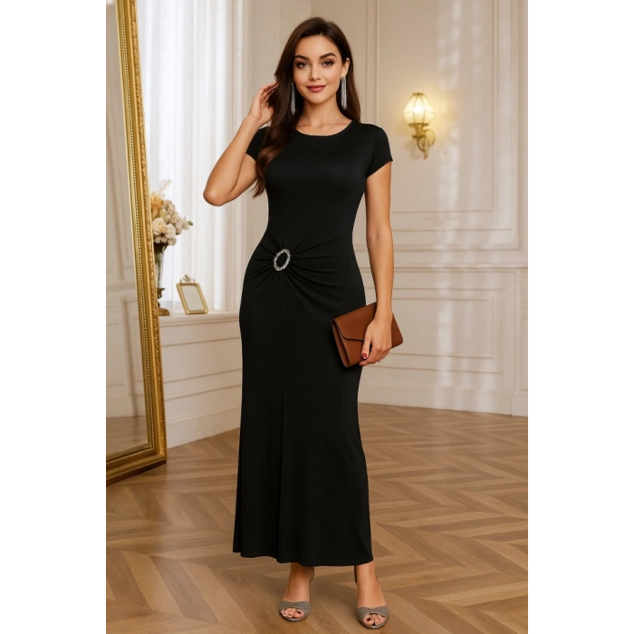 Kadın Yarım Ay Kollu Yuvarlak Yaka önünde Toka Detaylı Modal Maxi Elbise